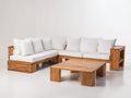 Canapé de jardin en bois massif en L avec coussins blancs et table basse carrée 260x200x70 cm