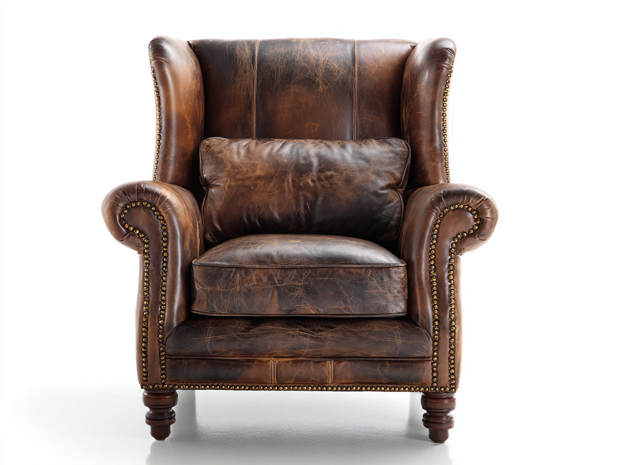 Fauteuil 92 x 94 x 112 cm en cuir synthétique marron vieilli - Fauteuil à oreilles avec accoudoirs rembourrés - Fauteuil de salon style classique vintage