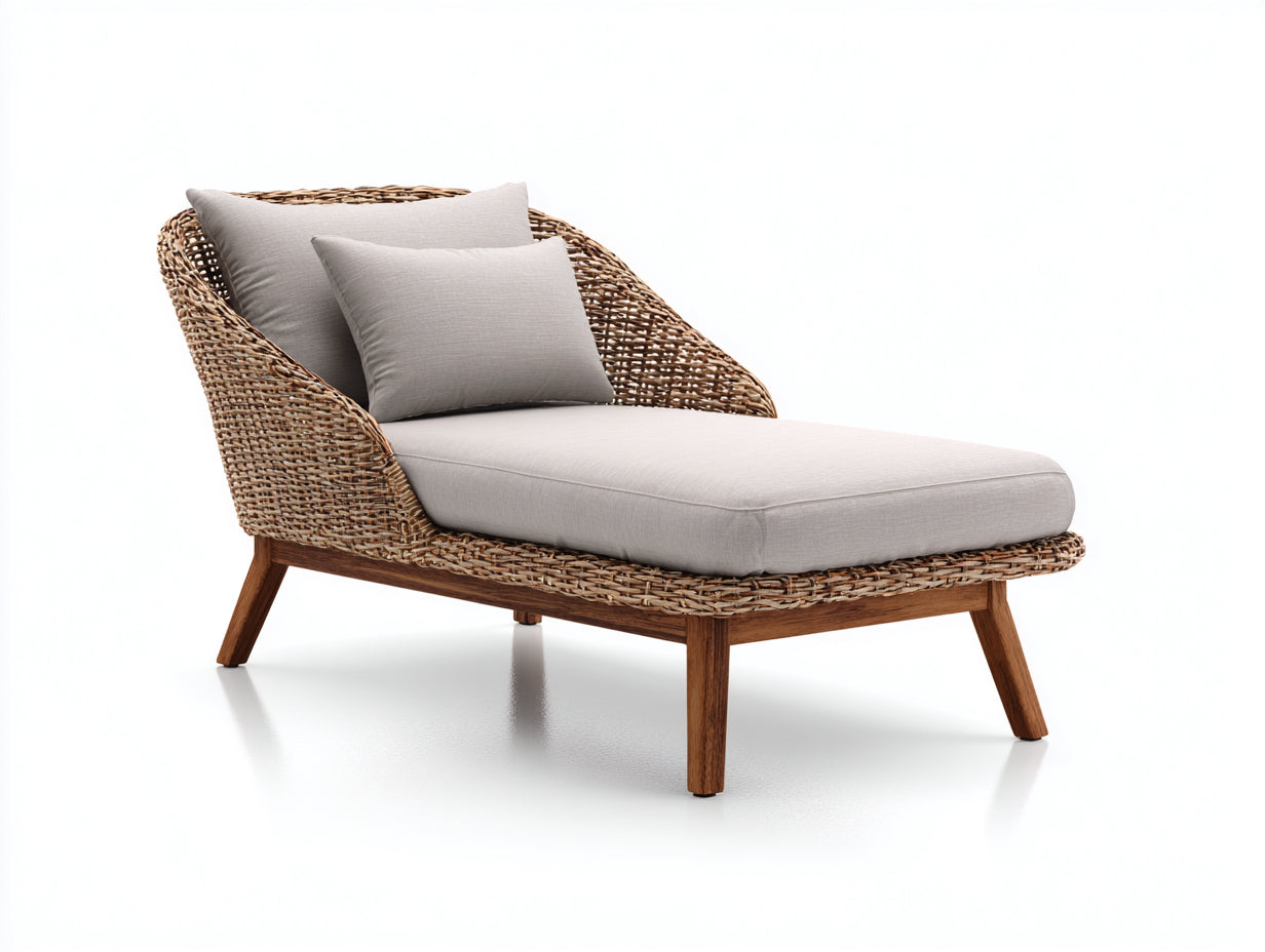 Bain de soleil - chaise longue en rotin naturel avec coussin beige style extérieur moderne 180x70x80 cm détente jardin