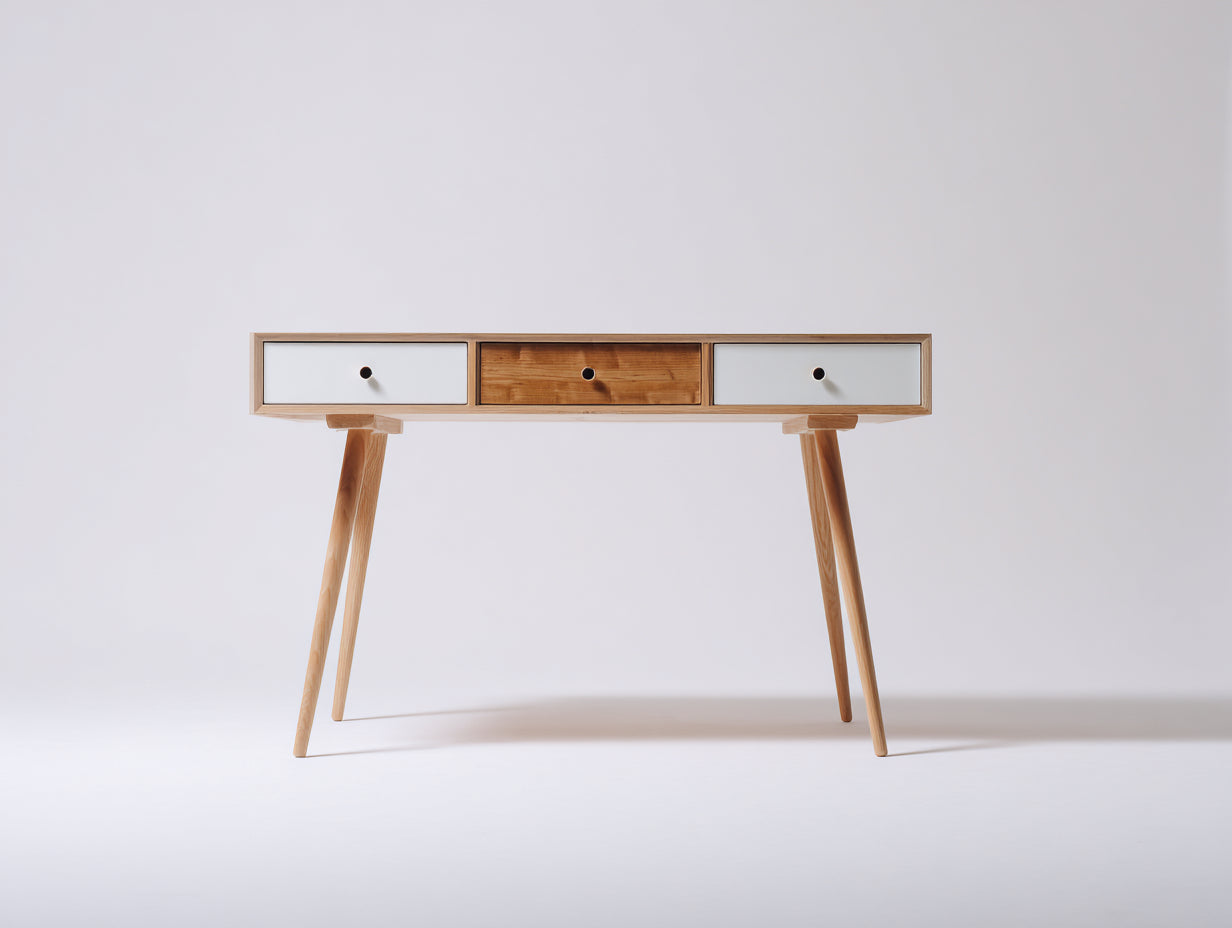 Bureau 120 x 40 x 78 cm en bois avec 3 tiroirs - Bureau scandinave blanc et bois naturel - Table de travail moderne pour bureau et chambre