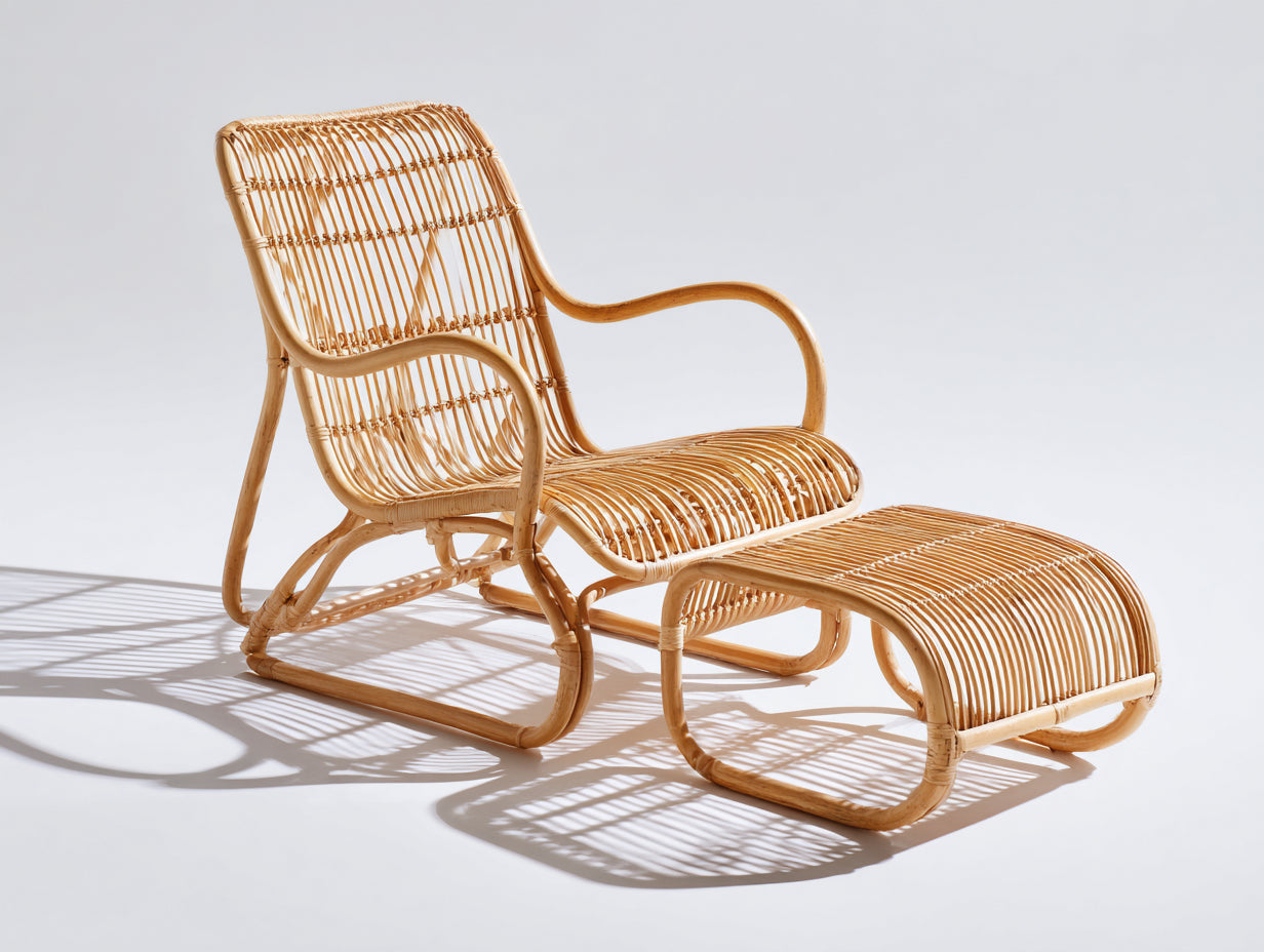 Bain de soleil - fauteuil relax en rotin naturel avec repose-pieds style scandinave 1 place 160x65x85 cm extérieur détente