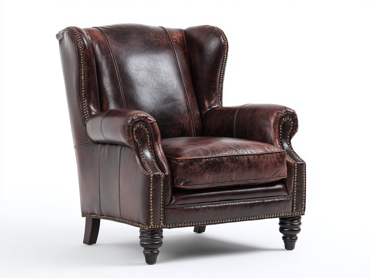 Fauteuil en cuir vintage 85x90x105 cm - fauteuil de salon style classique capitonné - cuir vieilli marron avec pieds en bois massif - design confortable et élégant