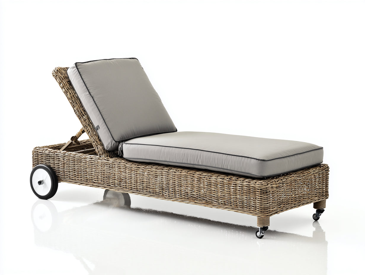 Bain de soleil en rotin 200x70x70 cm - chaise longue de jardin style naturel moderne - rotin tressé brun avec structure mobile à roues - design extérieur relax