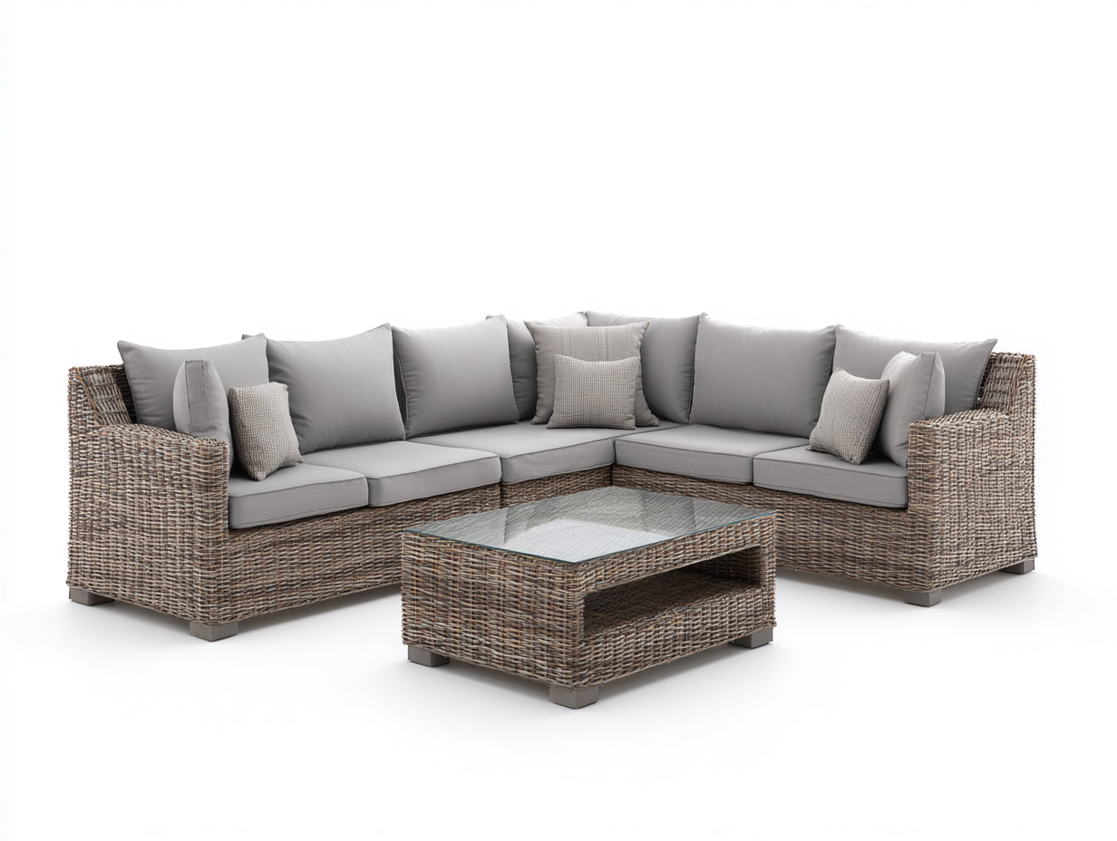 Canapé de jardin canapé d angle rotin résine aluminium coussins gris table basse verre 240x240x70 cm - marron gris - design extérieur moderne