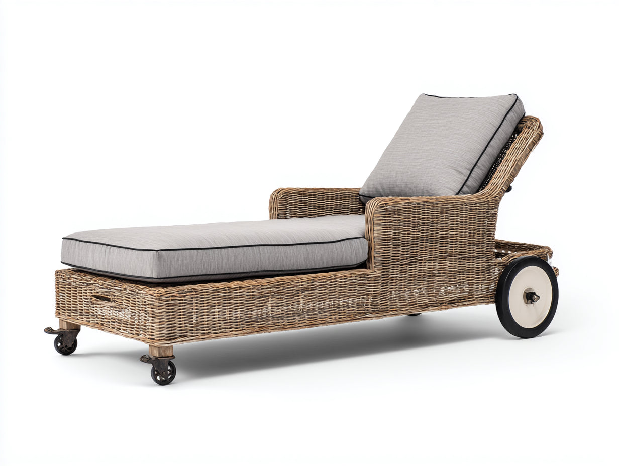 Bain de soleil en rotin naturel avec roulettes design extérieur réglable 180x65x85 cm