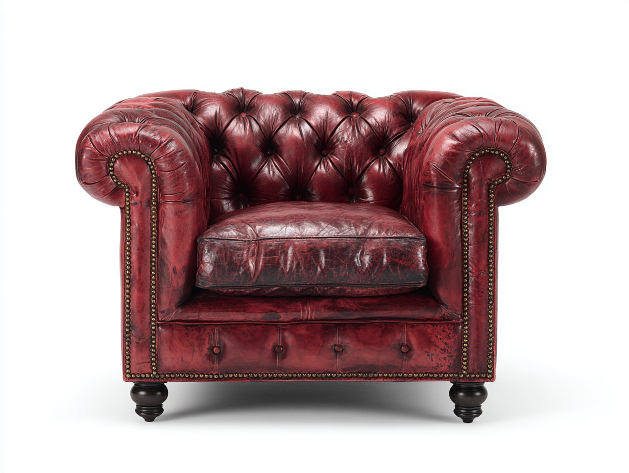 Fauteuil cuir vieilli style Chesterfield capitonné rouge bois massif 90x85x95 cm - rouge - design vintage élégant