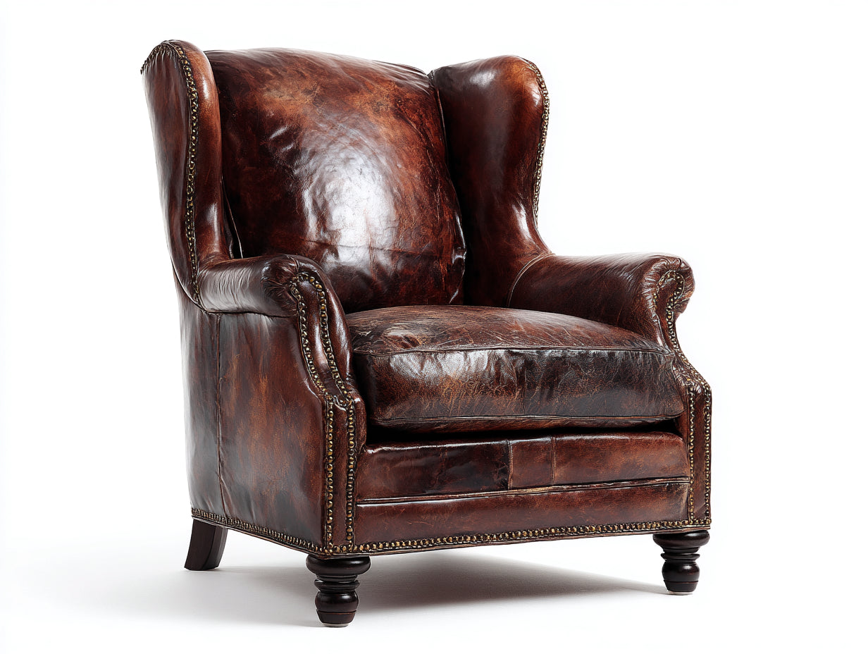 Fauteuil cuir vieilli style wingback capitonné bois massif 85x90x100 cm - marron - design vintage classique