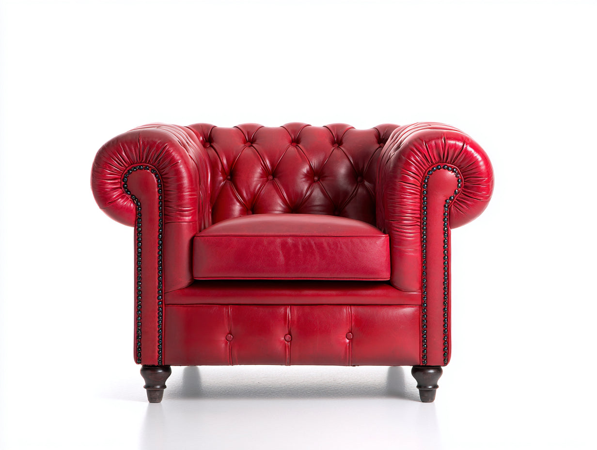 Fauteuil 110 x 92 x 78 cm en cuir synthétique rouge - Fauteuil Chesterfield capitonné avec accoudoirs roulés - Style classique pour salon et bureau