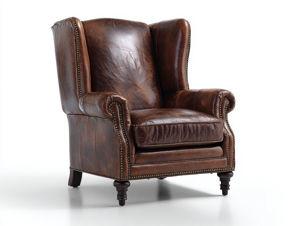 Fauteuil en cuir vieilli marron style wingback classique clouté design élégant salon 90x95x110 cm