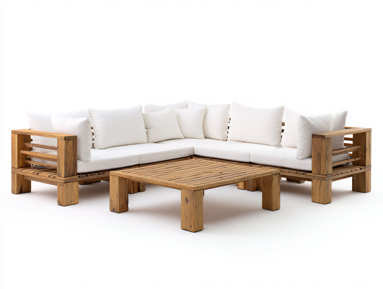Canapé de jardin d'angle 240 x 240 x 70 cm en bois massif - Salon de jardin couleur bois naturel avec coussins d'assise crème - Mobilier extérieur moderne avec table basse