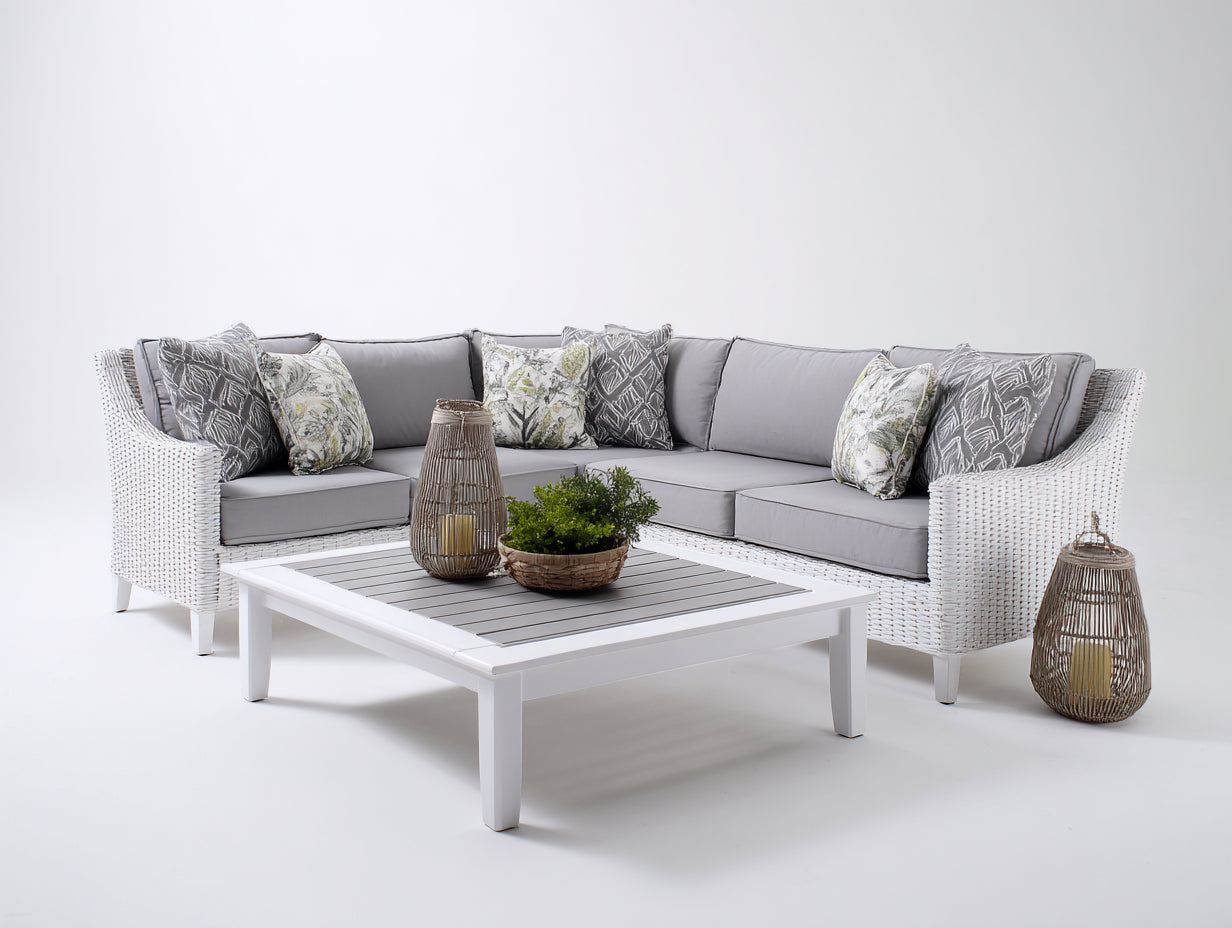 Canapé de jardin en rotin 300x300x70 cm - salon d'extérieur en forme d'angle style moderne - structure rotin blanc avec table basse assortie - design contemporain