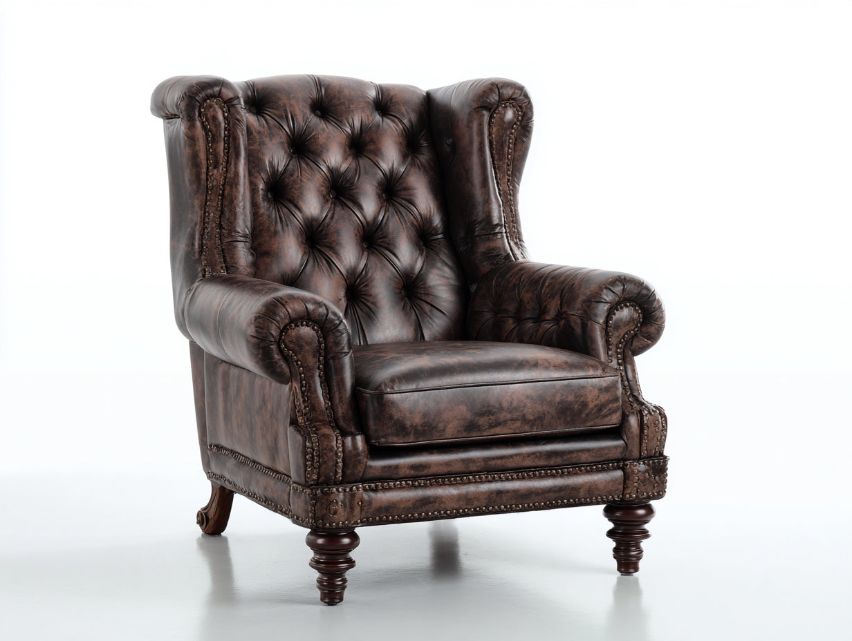 Fauteuil cuir vieilli capitonné style wingback chesterfield bois massif 88x92x102 cm - marron foncé - design vintage classique