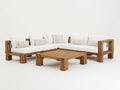 Canapé de jardin en bois 300x300x70 cm - ensemble salon extérieur style moderne naturel - structure bois massif et assise tissu blanc - table basse assortie design contemporain