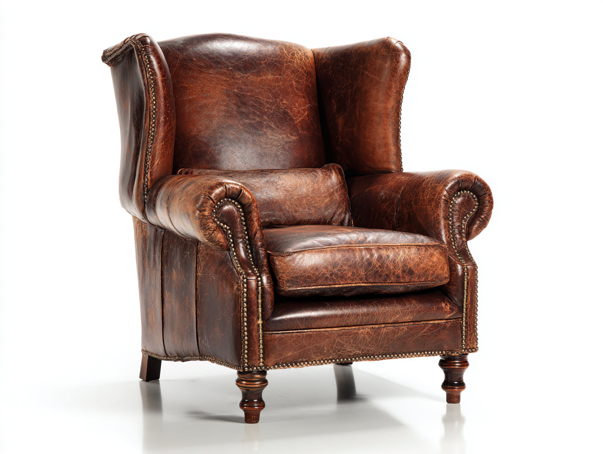 Fauteuil de jardin intérieur cuir vieilli style anglais wingback capitonné bois massif 88x92x100 cm - marron - design vintage classique