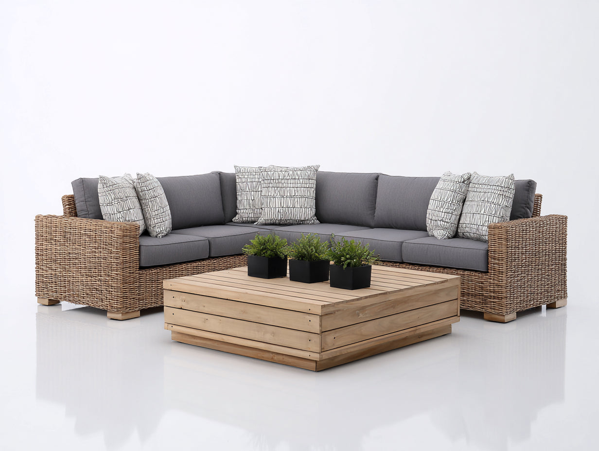 Canapé de jardin en rotin tressé 260x260x78 cm - Rotin naturel et gris - Ensemble lounge extérieur avec table basse