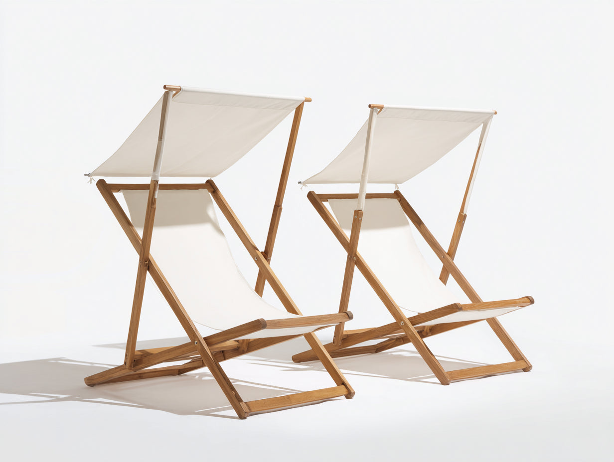 Bain de soleil en bois naturel avec toile écrue et pare-soleil pliable design extérieur 160x60x120 cm