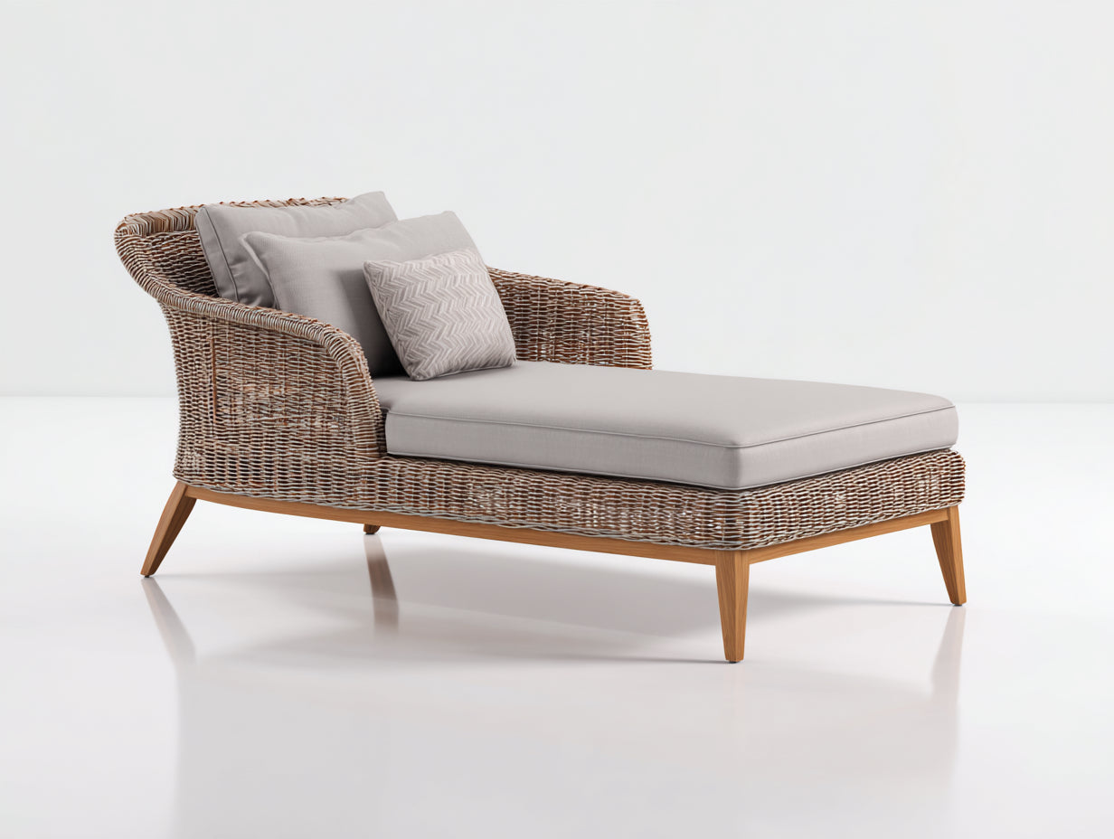 Bain de soleil rotin bois naturel coussins gris 190x70x80 cm - style extérieur élégant