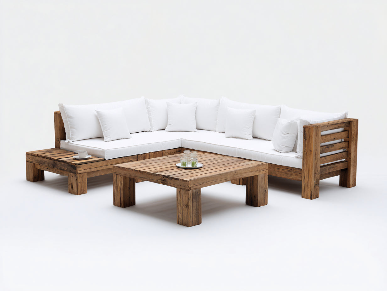 Canapé de jardin canapé d angle bois massif ensemble salon exterieur table basse bois 240x240x70 cm - bois blanc - design naturel moderne