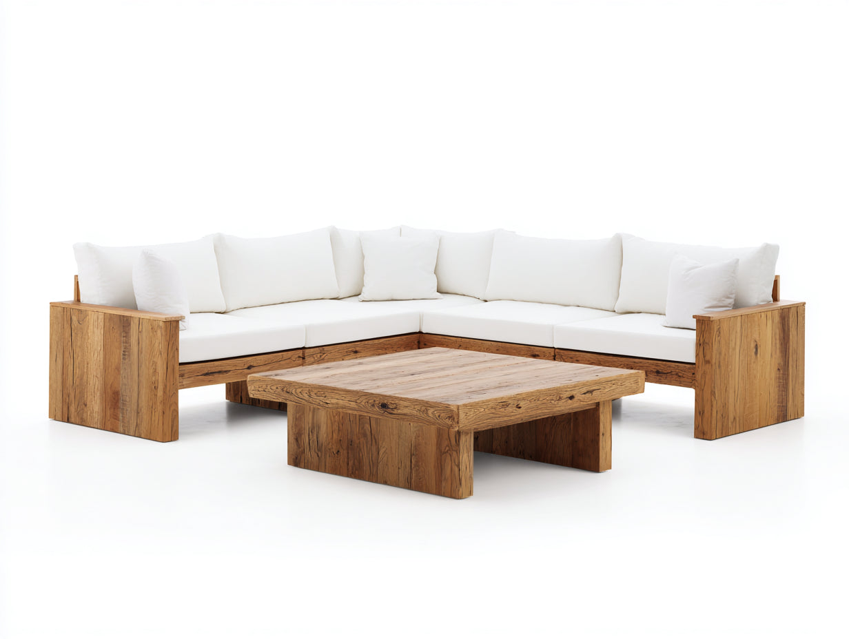 Canapé de jardin en bois massif avec coussins blancs design d'angle moderne extérieur 260x260x70 cm