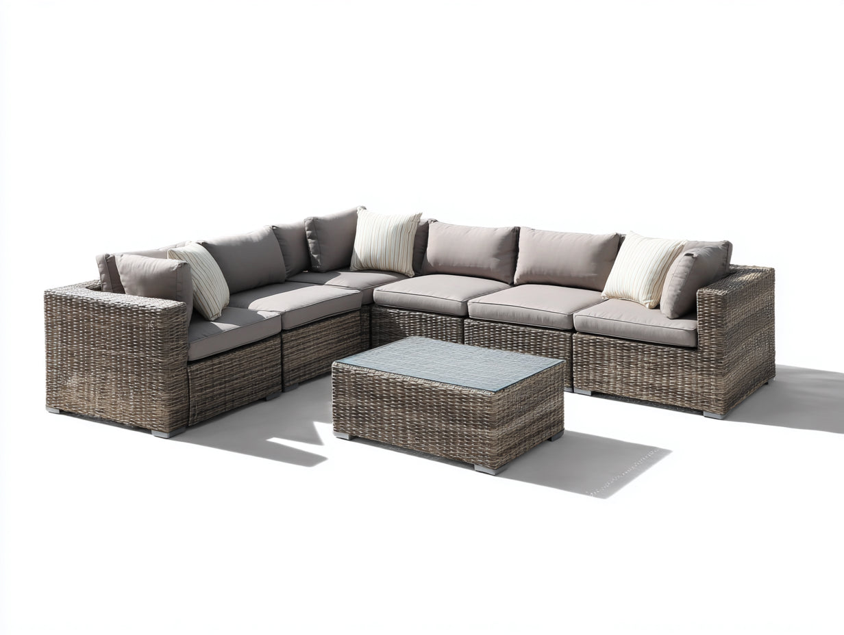 Canapé de jardin résine tressée 260x260x78 cm avec table basse - gris-beige - style moderne